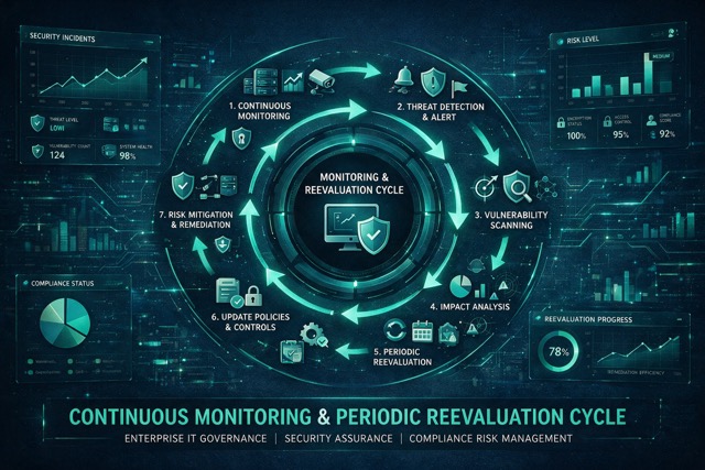Continuous monitoring flags the risk; periodic reassessment confirms it and triggers action.