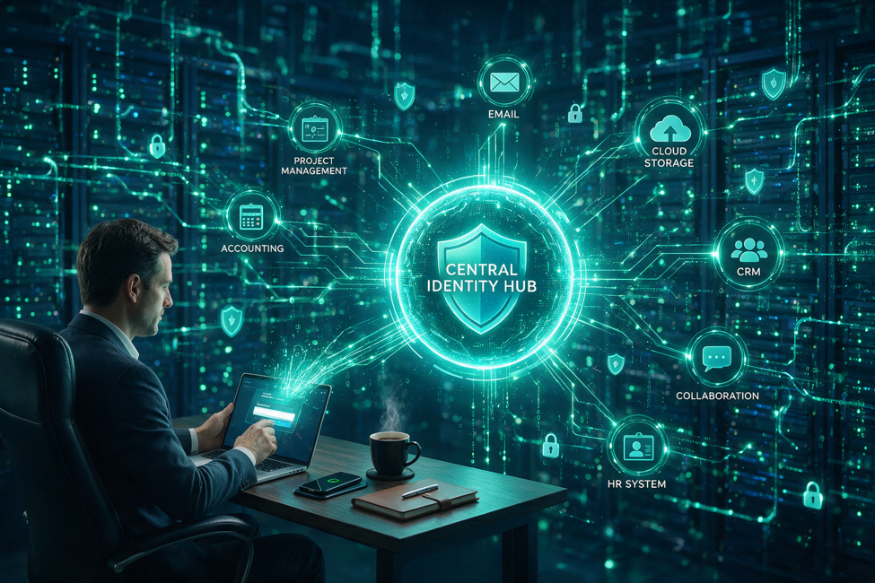 A central identity hub connects the organisation's applications and services, simplifying identity access and control from one point.