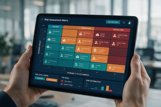 The impact-likelihood matrix links each supplier to a specific risk treatment measure and a clearly assigned owner.